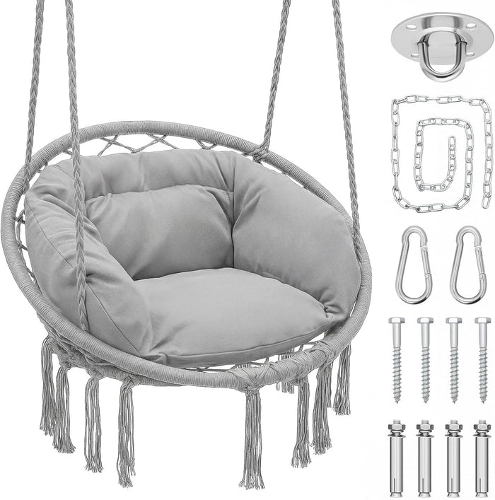 Magshion Macrame Hanging Hammock Chair with Cozy Full Cushion, Gray