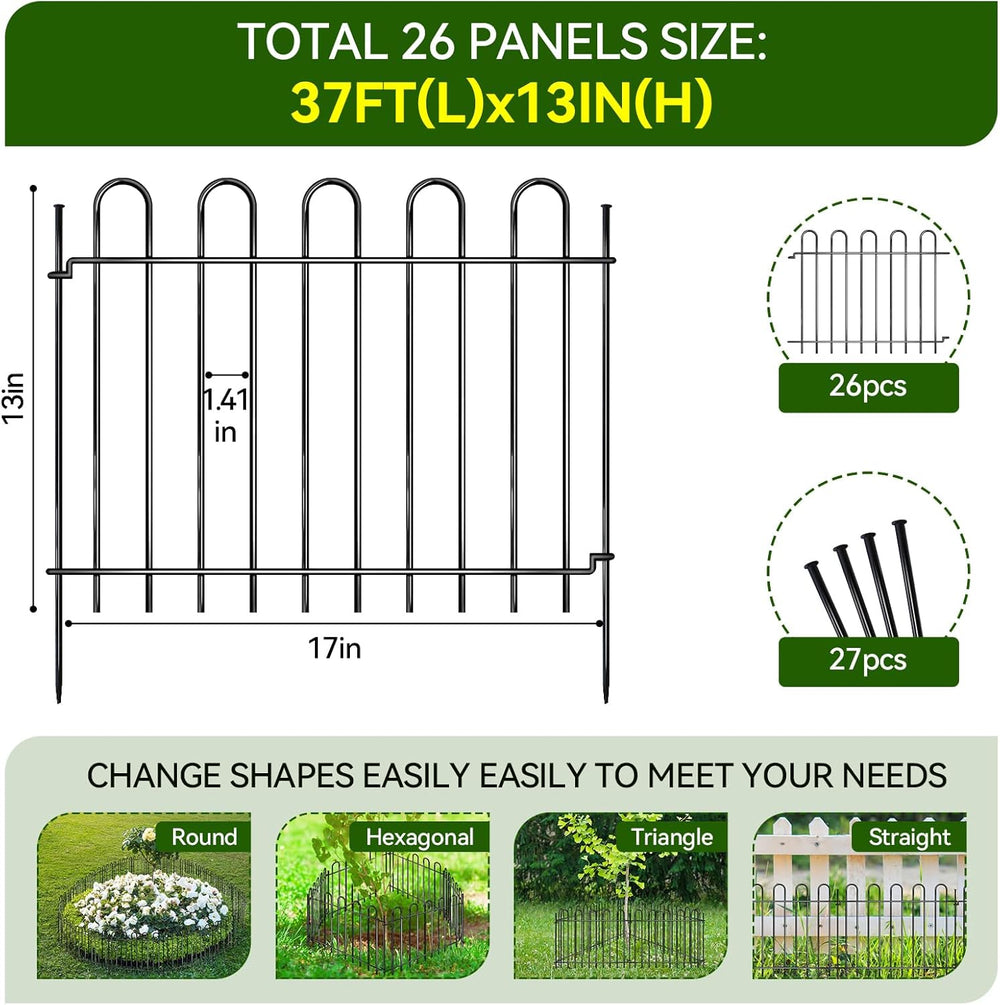 26 Panels Decorative Garden Fence, 37ft X 20in Rustproof Metal Animal Barrier...