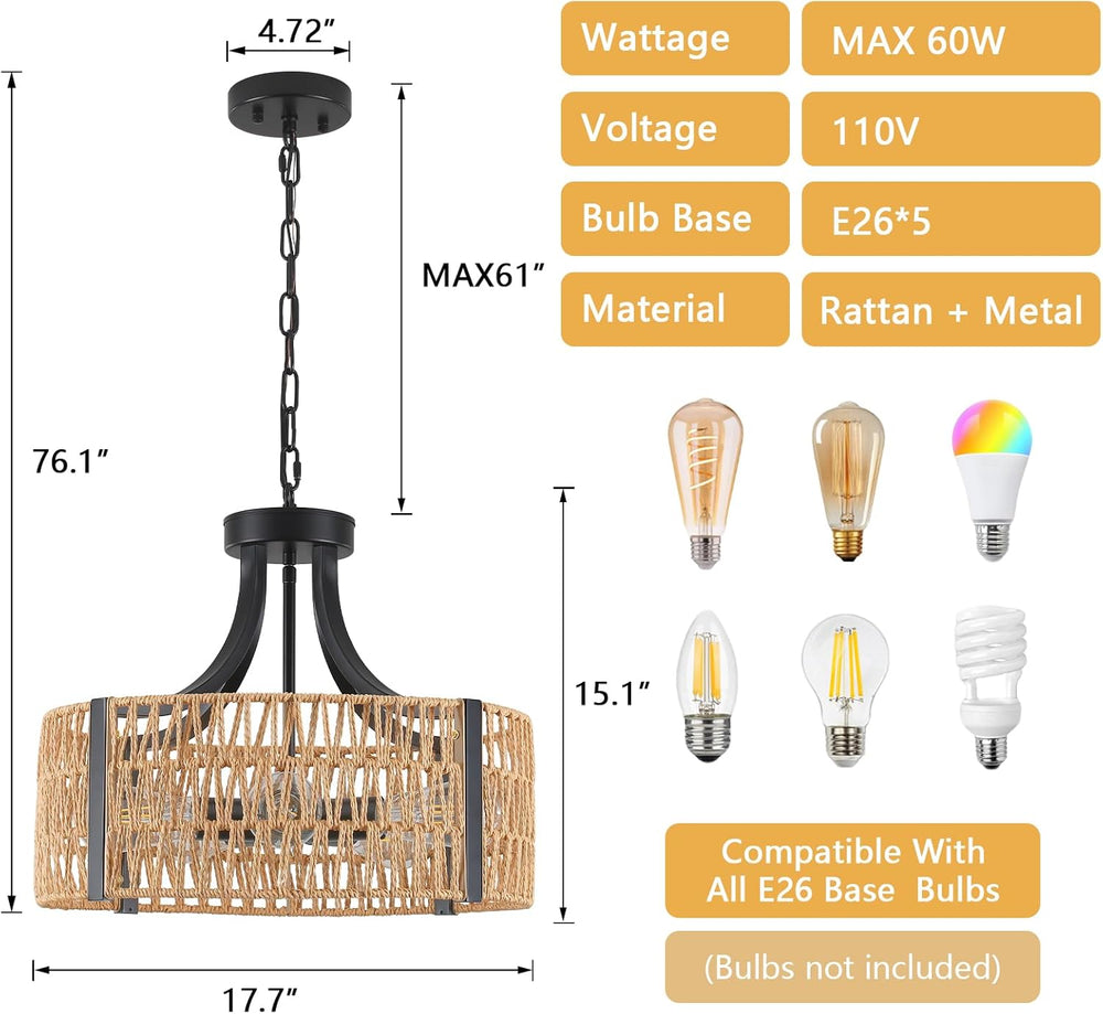 Farmhouse Chandeliers for Dining Room, 5-Light 17.7”Rattan Light Fixture with...