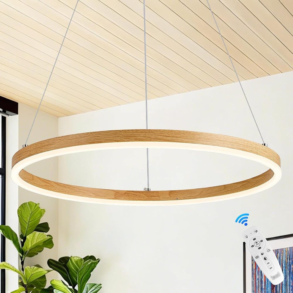 Ring Chandelier LED Wood Grain Round Chandeliers Modern Farmhouse Pendant Lig...