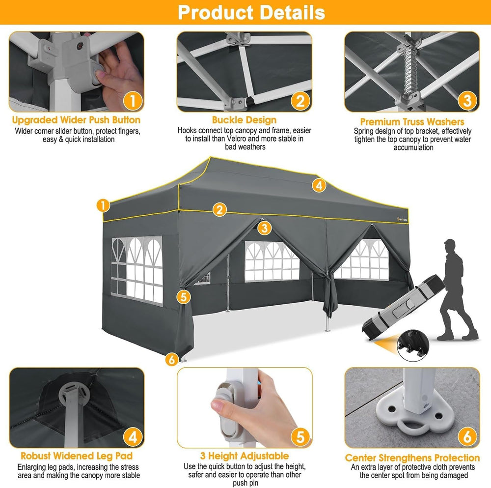 HOTEEL 10x20 Pop Up Canopy Tent, Upgraded Thickened Hexagonal Legs, Gray