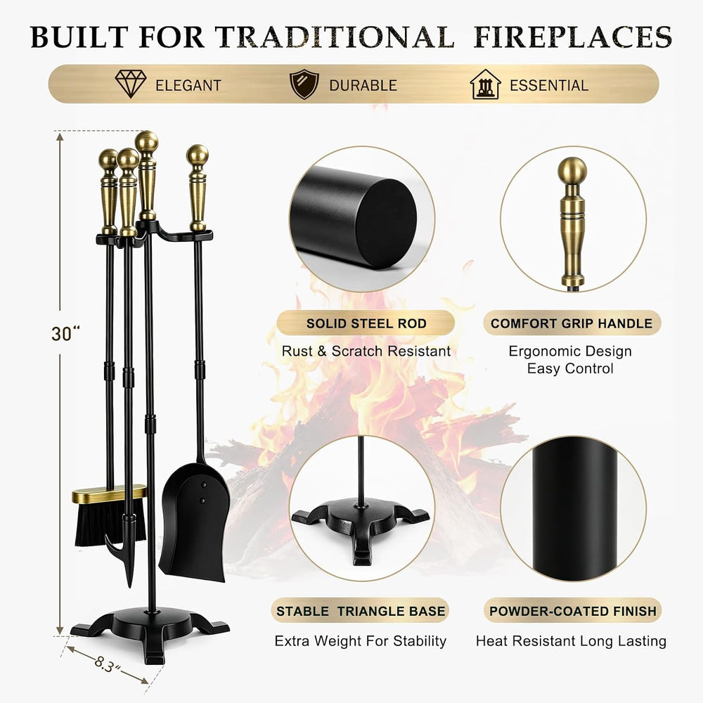FEED GARDEN 4-Piece Fireplace Tools, Antique Brass Handle, 30" Wrought Iron