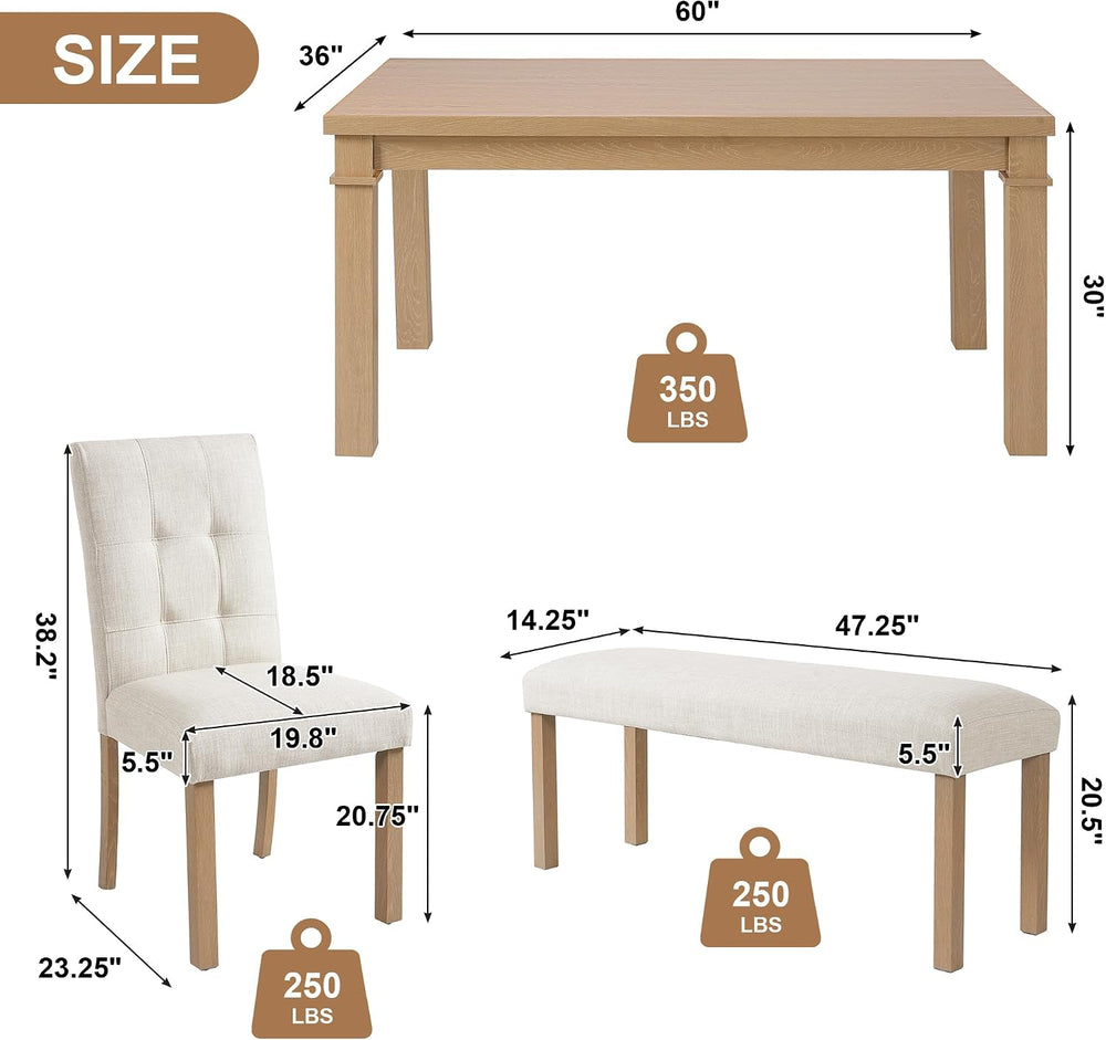 P PURLOVE 6 Piece Dining Table Set, Wood Rectangle Kitchen Table with 4 Uphol...