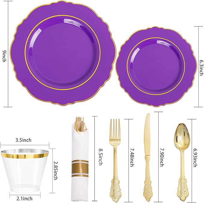 Liacere 350PCS Purple Plastic Plates-Disposable Purple and Gold Plates 50 gue...
