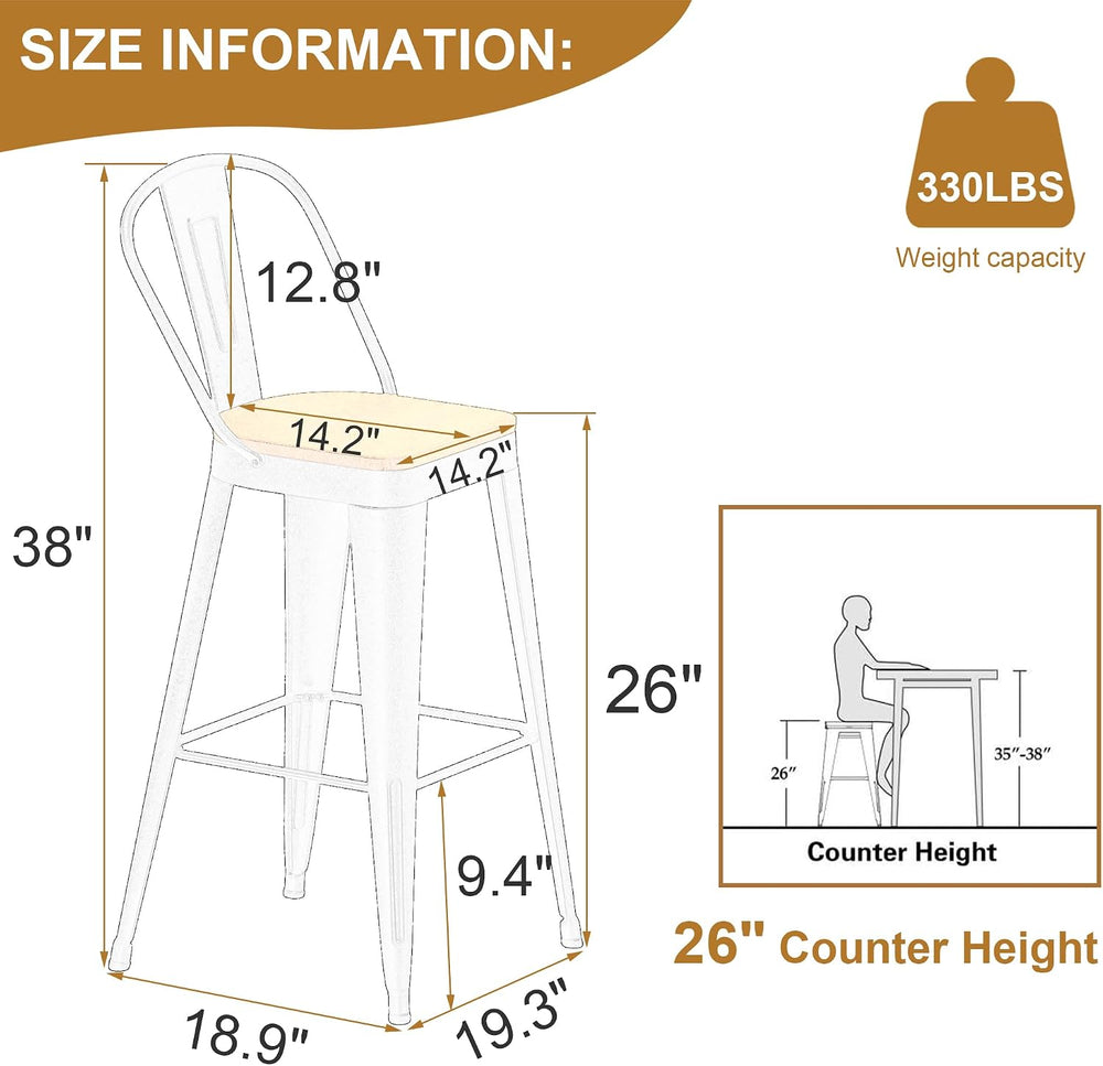Andeworld Metal Bar Stools Set of 2, 26" Counter Height with Back,Off White