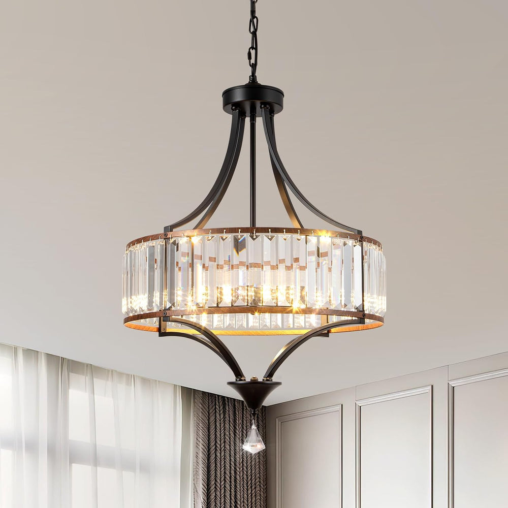 Crystal Black Wooden Chandelier Farmhouse Pendant Light Rustic Chandeliers An...