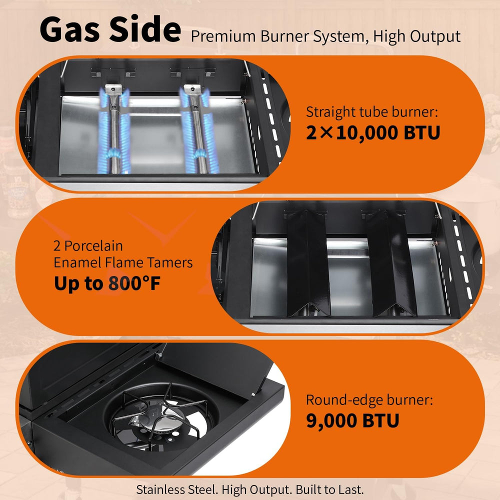 Gas & Charcoal Combo Grill, 2-in-1 Dual Fuel, Side Burner
