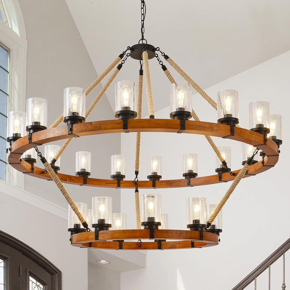 60" 2-Tier Wagon Wheel Chandelier 27-Light Extra Large Wood Chandeliers