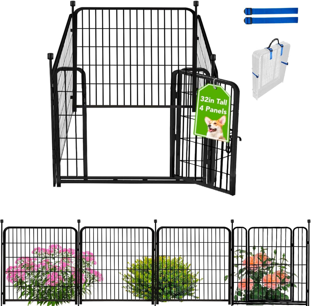 ADAVIN 32in Tall Garden Fence, 4 Panels Dog Fence, Low Threshold Gate | 8.9Ft...