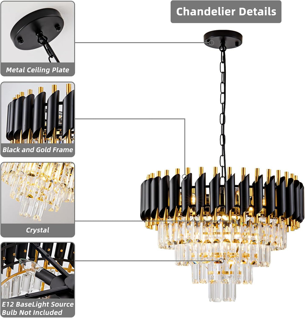 Modern Chandelier Gold and Black Crystal Chandeliers 4-Tier 20 Inch Round Han...