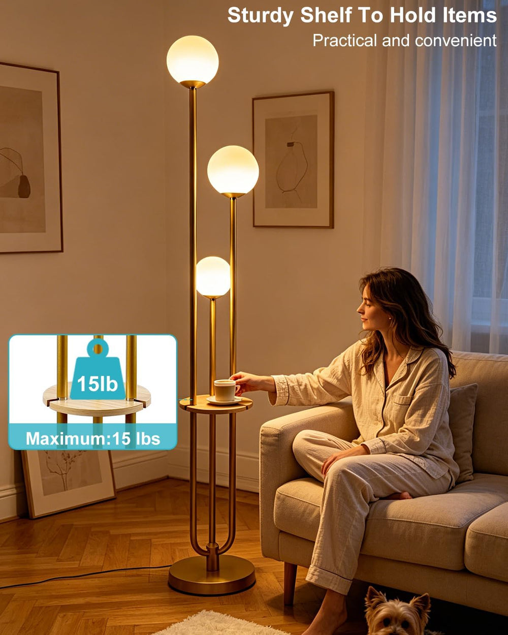 Lightdot Gold Globe Floor Lamp 3-Lights Dimmable Floor Lamps with Tray& B...