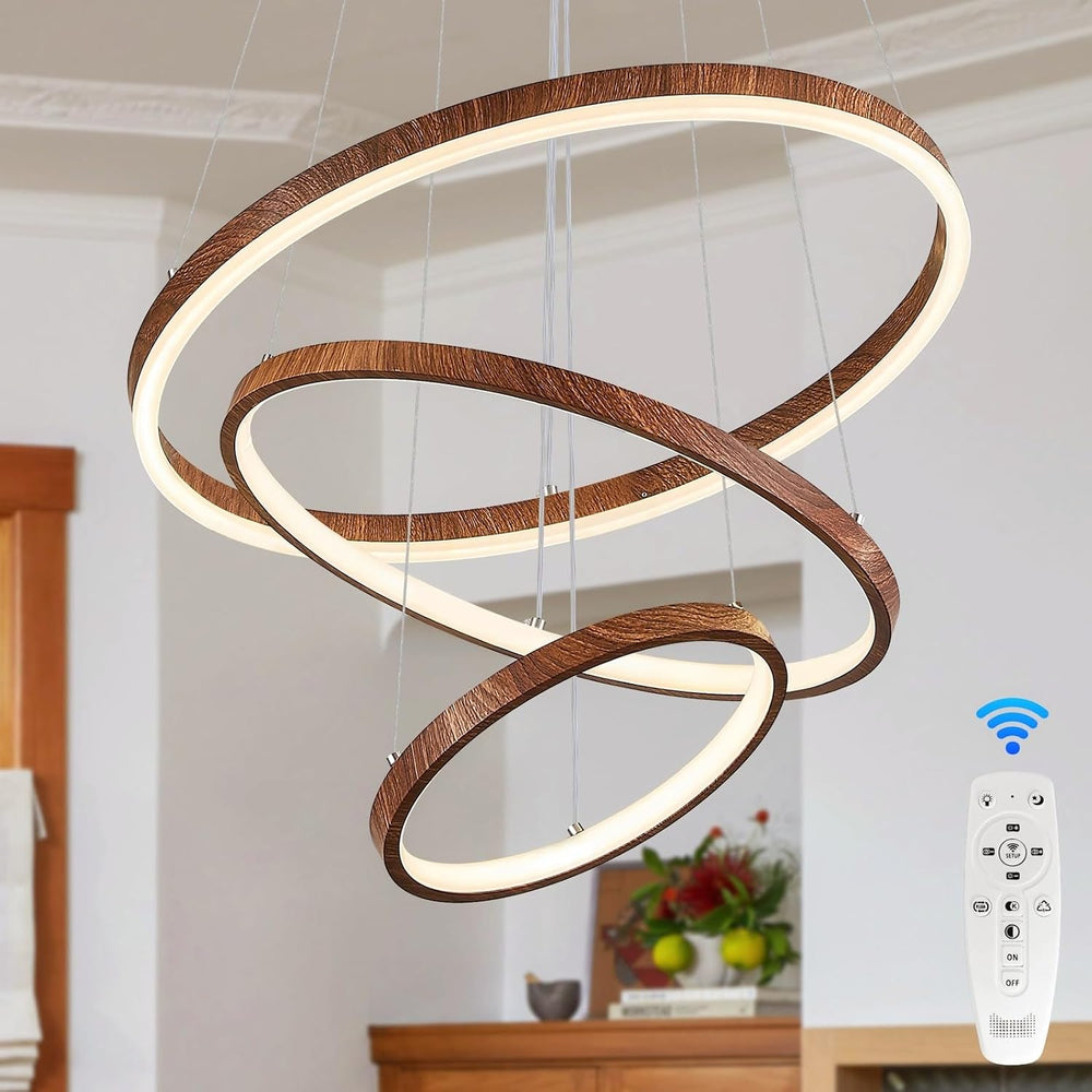 GlowHub 3-Ring Modern LED Chandelier, Wood Grain Round Dimmable Pendant Light...