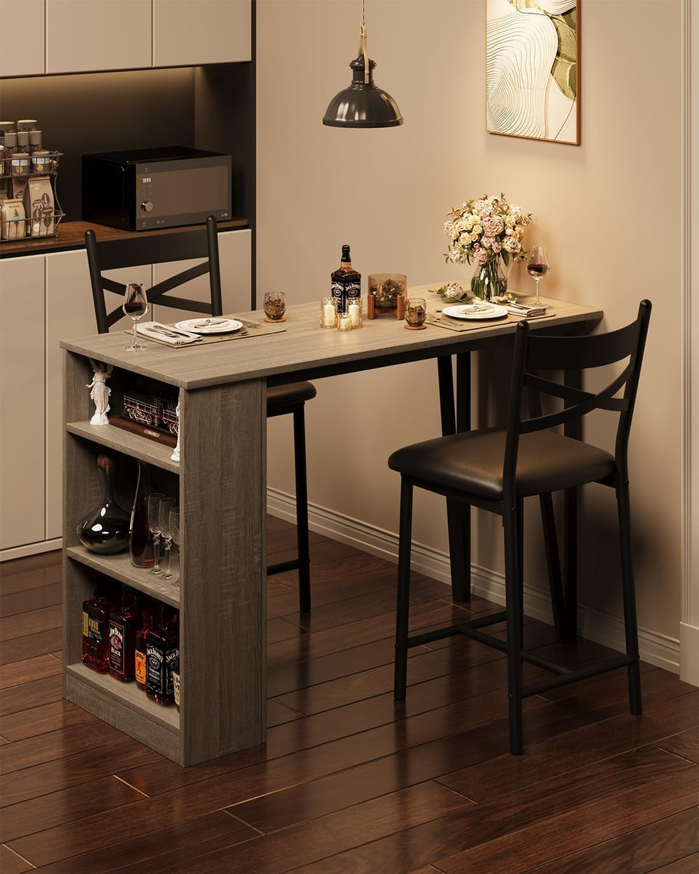 Garvee Extendable Bar Table and Chairs Set, 3 Piece Bar Table Set, Grey