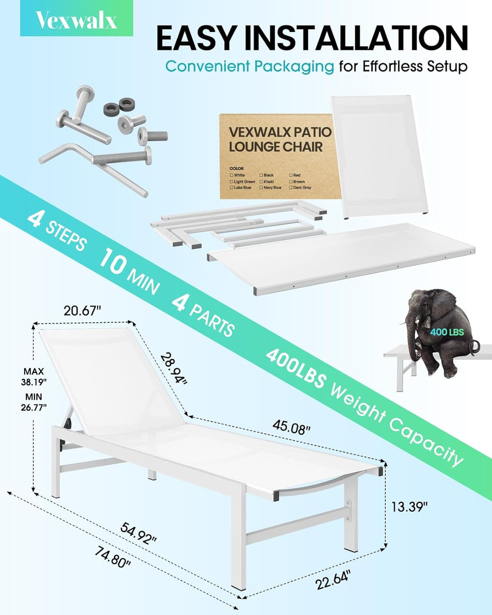 Vexwalx Pool Lounge Chairs Set of 2, Aluminum Lounge Chair Outdoor with 5-Pos...