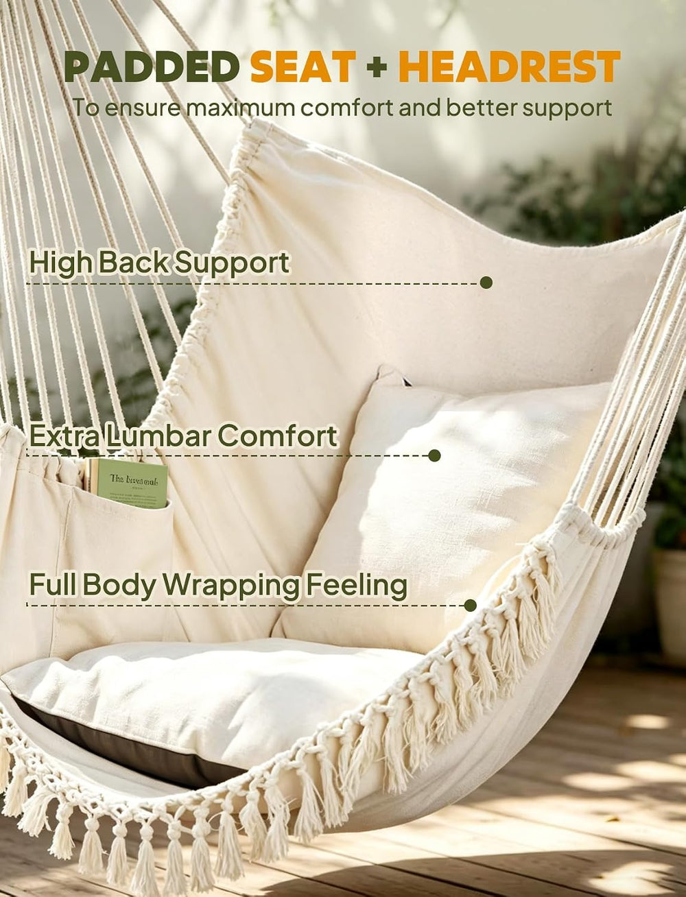 Chihee Hammock Chair Max 500 Lbs 2 Cushions Spreader Bar Strap Carabiner