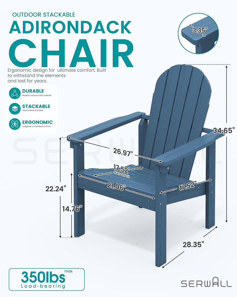 SERWALL HDPE Stackable Adirondack Chairs Set of 2,Space-Saving, Blue
