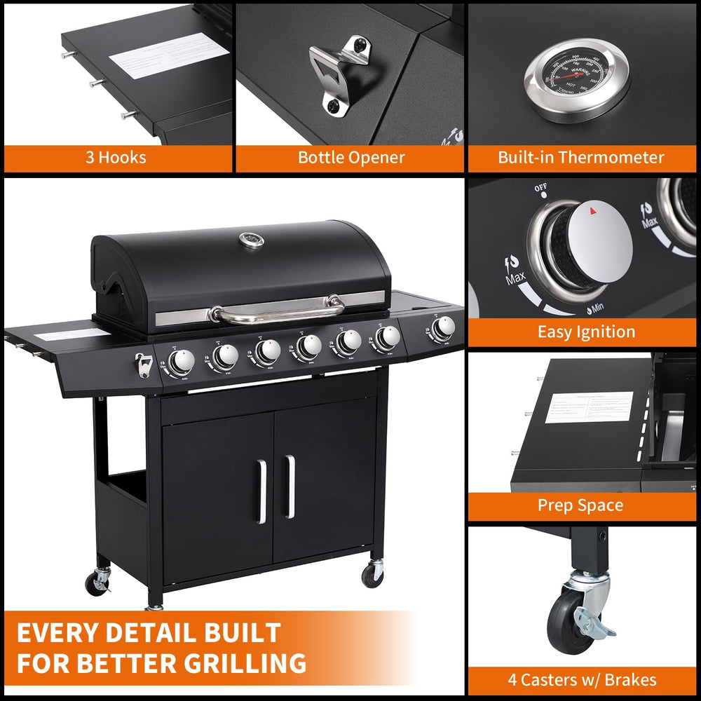 6-Burner Gas Grill with Side Burner, Griddle Combo, 69K BTU