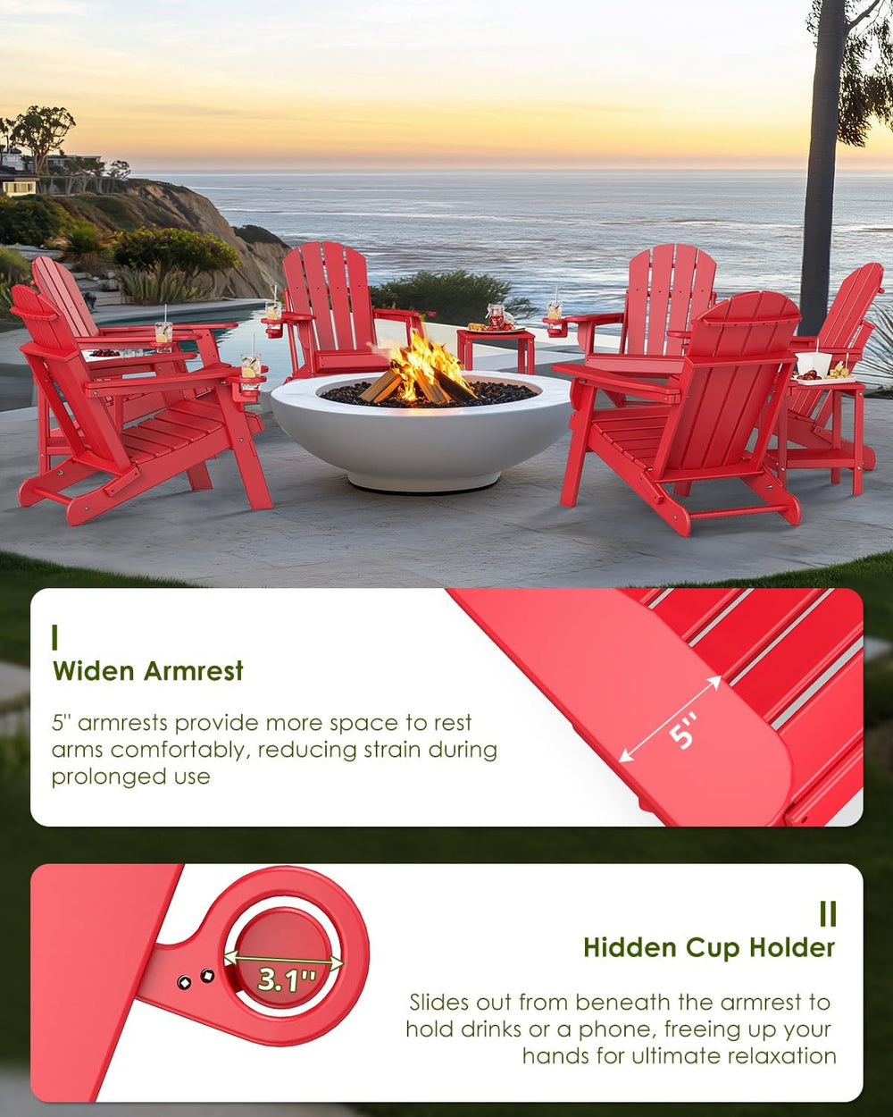 GREENVINES Folding-Adirondack-Chair, HDPE All Weather, Red