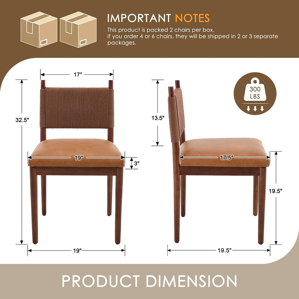 CIMOTA Leather Dining Chairs Set of 4, Woven Back/Walnut Wood/PU Brown
