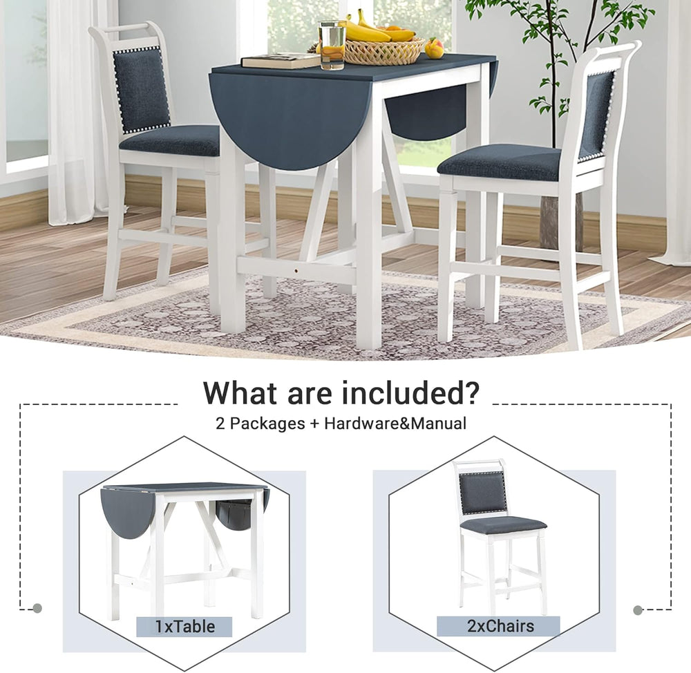 Farmhouse 3-Piece Counter Height Dining Table Set, Half-Round Drop Leaf Dinin...