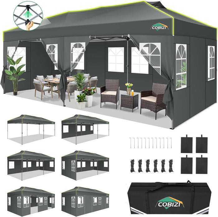 COBIZI 10x20 Pop Up Canopy Tent with 6 Removable Sidewalls, Outdoor, Gray