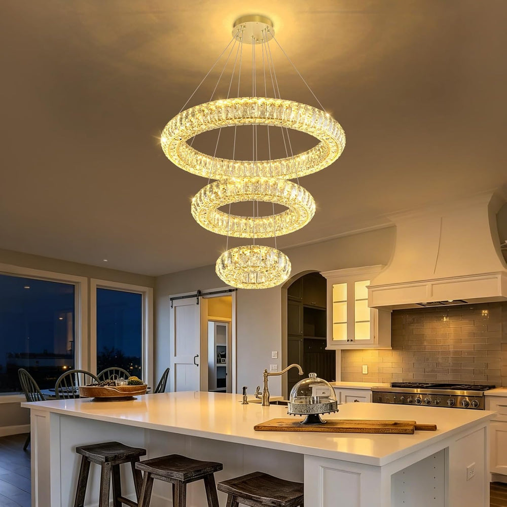 3 Ring Modern Crystal Chandelier Dimmable Ring Pendant Light Round Crystal Hi...