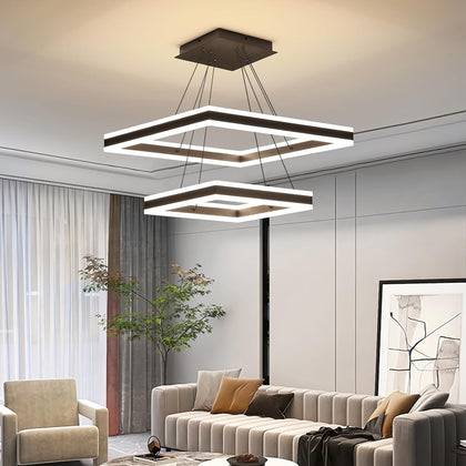 Modern LED Chandelier, 2-Light Black Ceiling Chandelier Pro for Dining Room Light Fixtures Hanging Color Temperature and Height Adjustable Chandeliers for Living Room, Bedroom, Kitchen 15.7+23.6IN