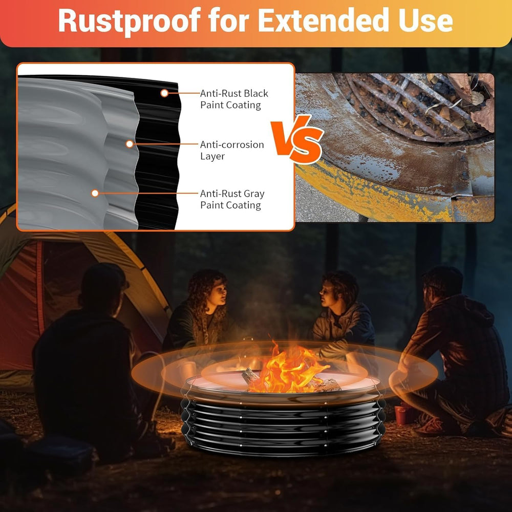 36" Heavy Duty Fire Pit Ring for Outside, Galvanized Steel Wood Burning ...