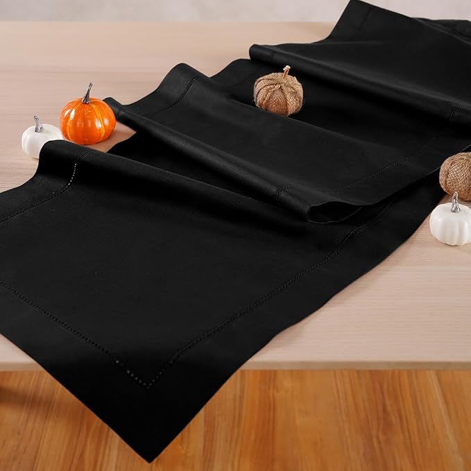 Black Table Runner 90 Inch–Cotton Linen Hemstitch Farmhouse Table Runner 14x9...
