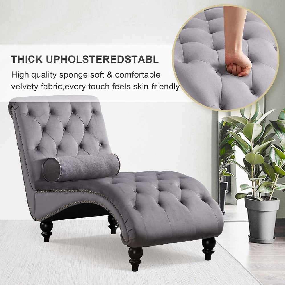 Chaise Lounge Indoor,Velvet Upholstered Lounge Chair Button-Tufted Armless Ch...