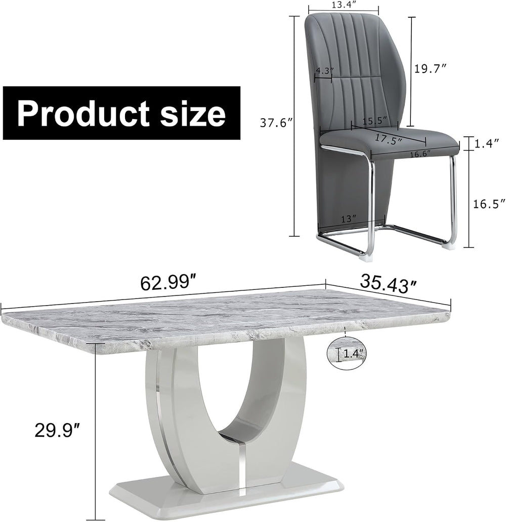 JUFU Modern Dining Set Table and 4 Chairs,Grey Faux Marble Dining Table Set f...