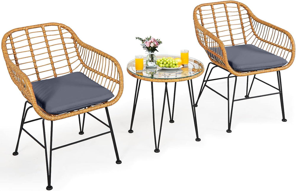 Tangkula 3 Pieces Patio Bistro Set, Rattan Conversation Set with 2 Cushioned ...