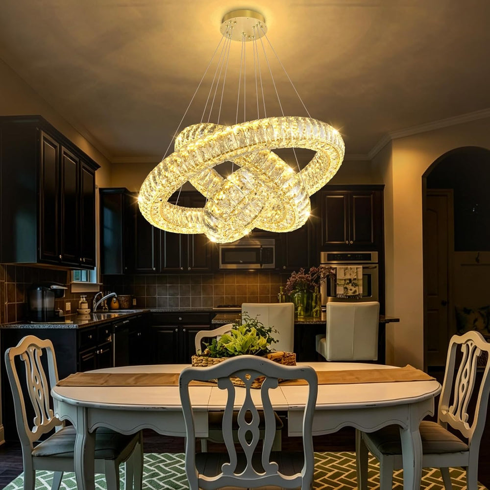3 Ring Modern Crystal Chandelier Dimmable Ring Pendant Light Round Crystal Hi...