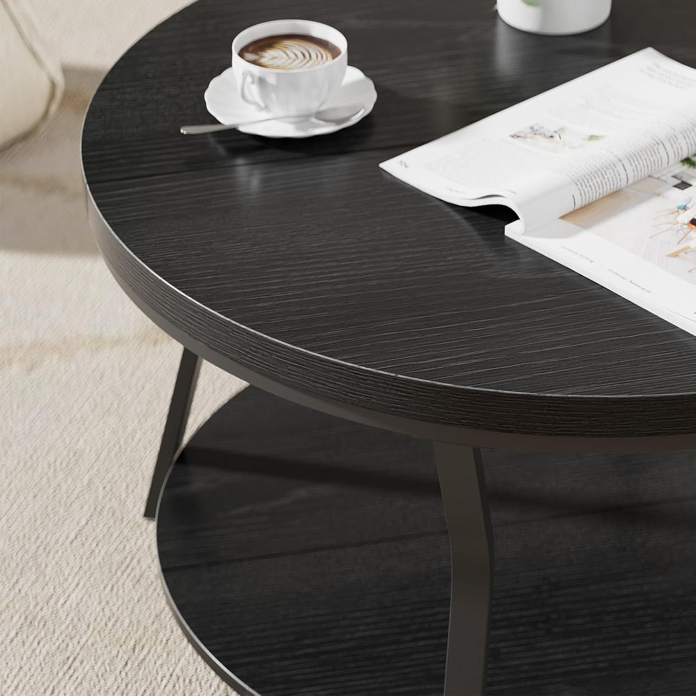 Round Coffee Table, Circle Wood Coffee Tables for Living Room, 2 Tier Industr...