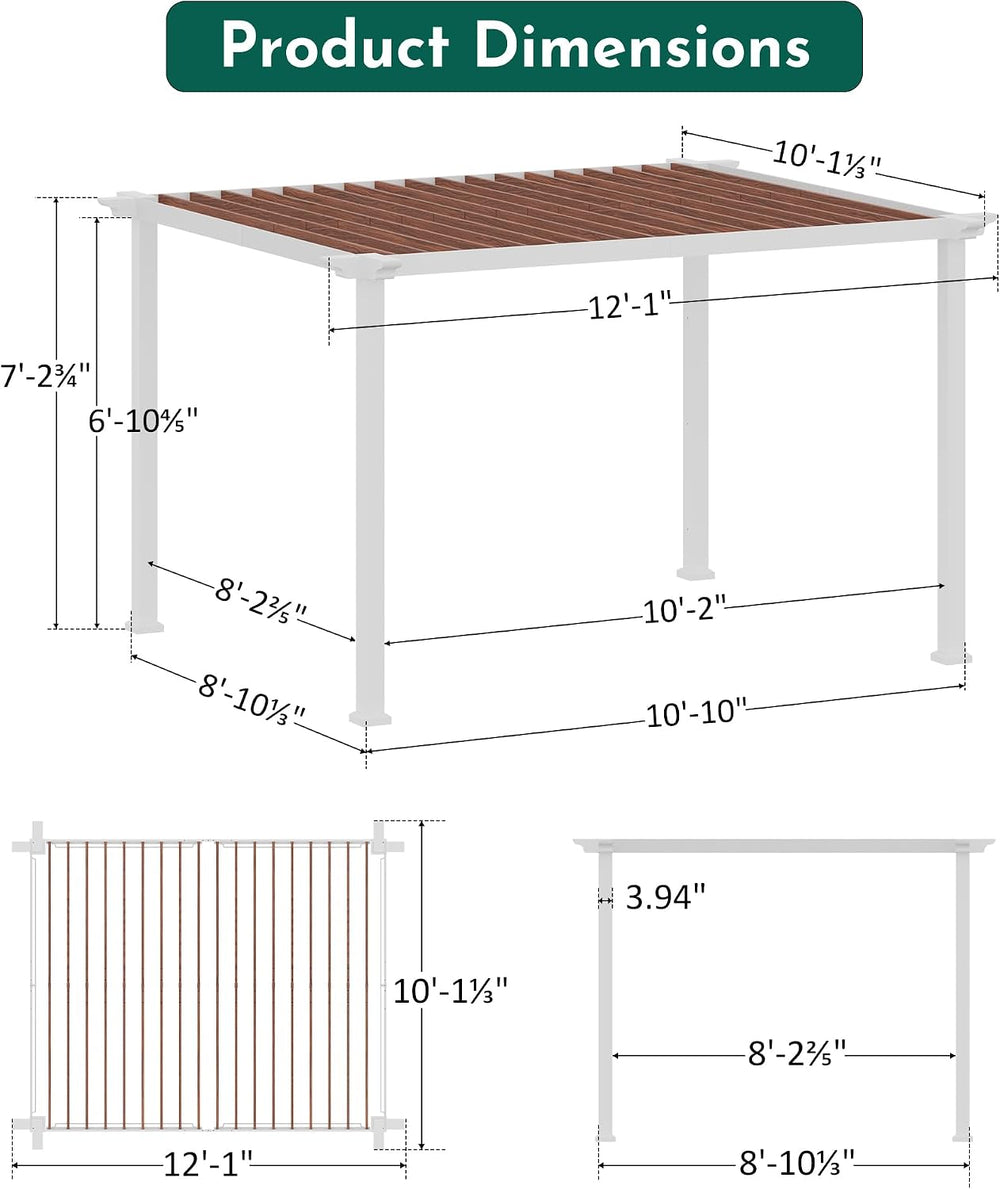 Modern Shade Open Sky 10' x 12' Outdoor Pergola Gazebo, Heavy-Duty Me...