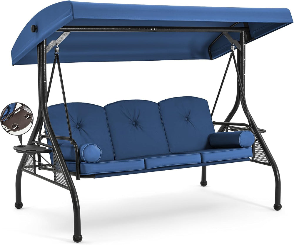 HOMREST 3 Seat Porch Swing with Adjustable Canopy, Patio Swing with Stand