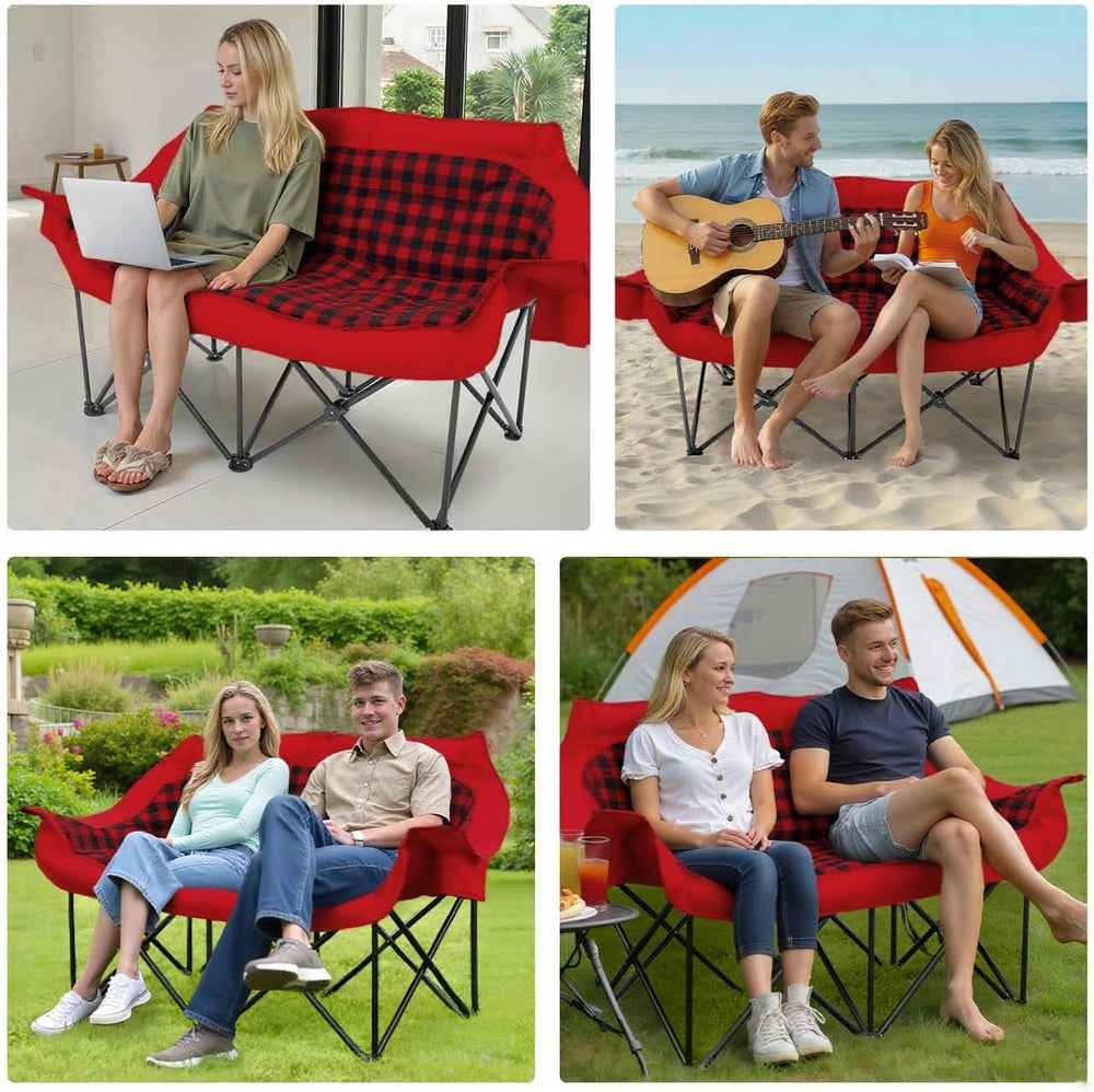 Heated Double Camping Chair with 2 Battery, Padded Camping Couch with 3 Heat ...