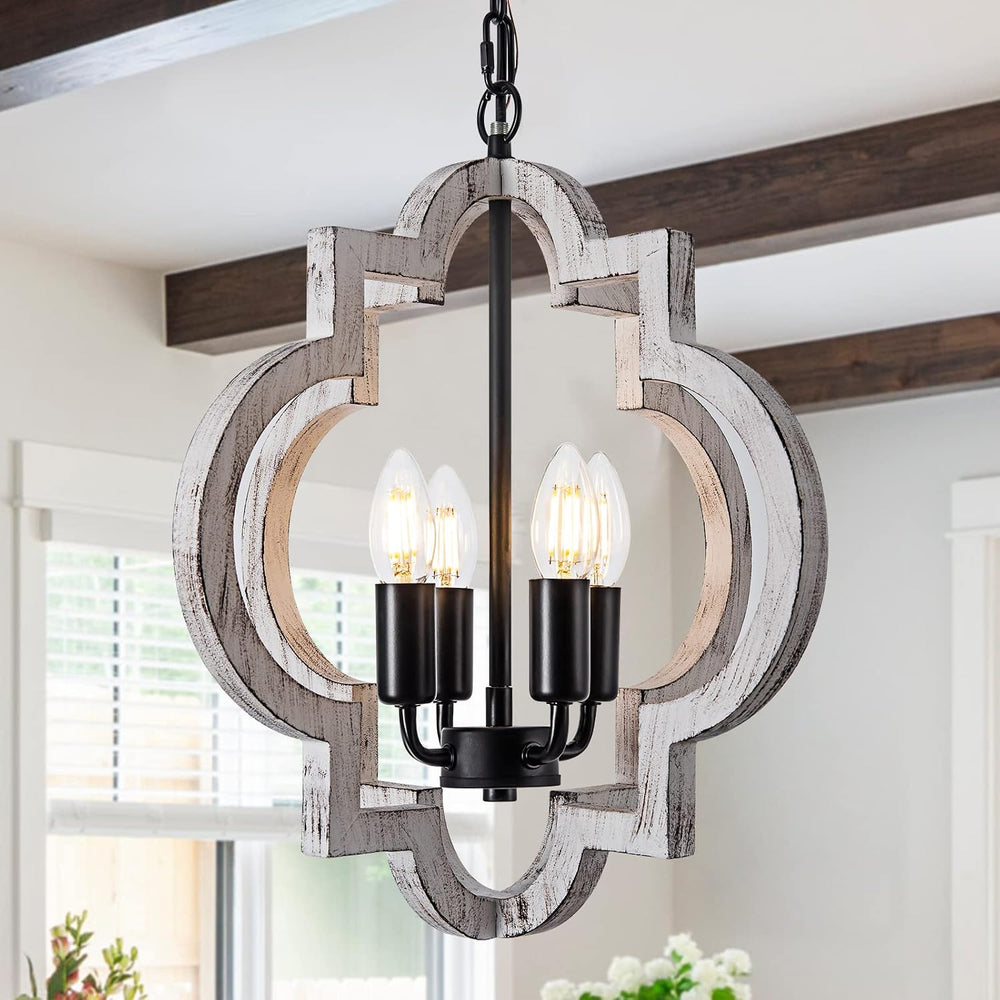 4-Light 15" Farmhouse Orb Chandelier Rustic Handmade Distressed White Wo...