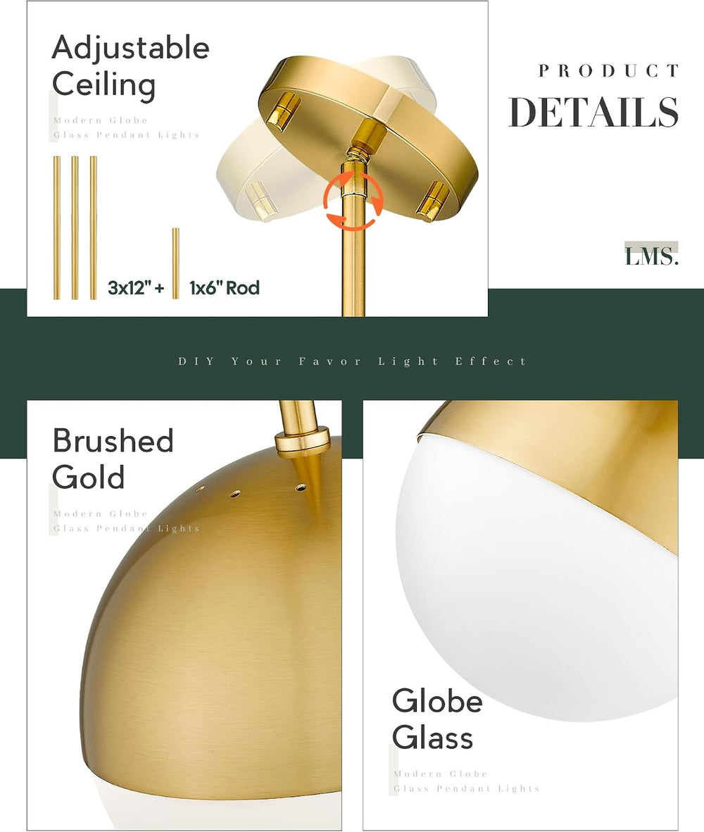 LMS 2-Pack Brushed Gold Pendant Lights, Modern Pendant Light with Milky Globe...
