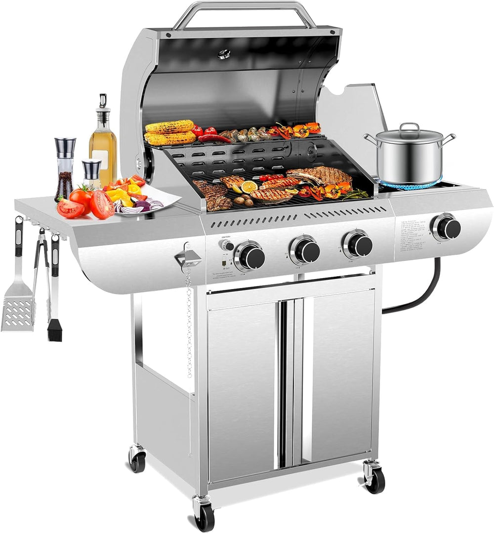 Electactic 3-Burner Propane Gas Grill with Side Burner, 34,000 BTU Stainless ...