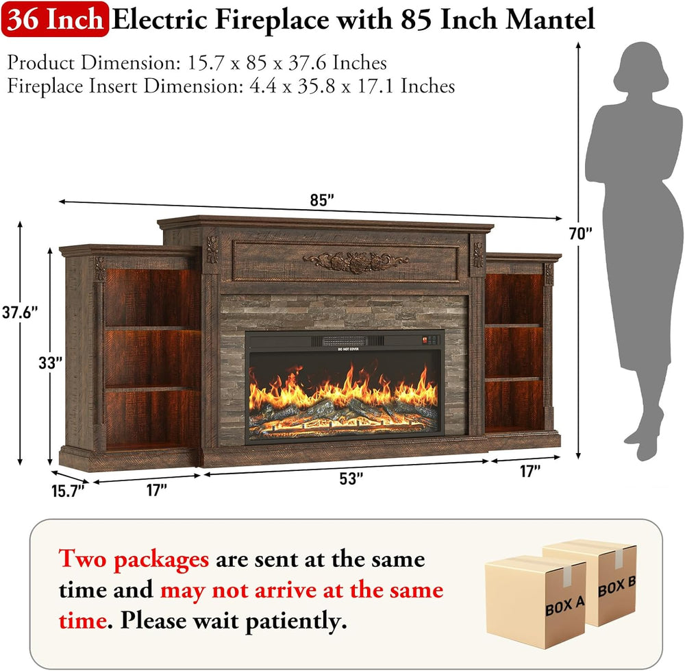 85" Electric Fireplace with Mantel, Farmhouse TV Stand with 36" Fir...