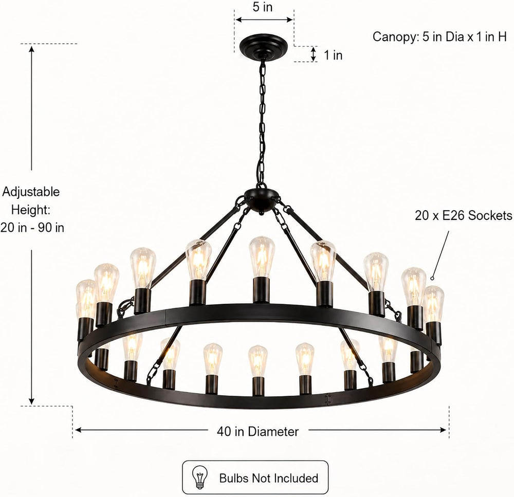 Black Wagon Wheel Chandelier, 40 Inch 20-Light Round Farmhouse Pendant Light ...
