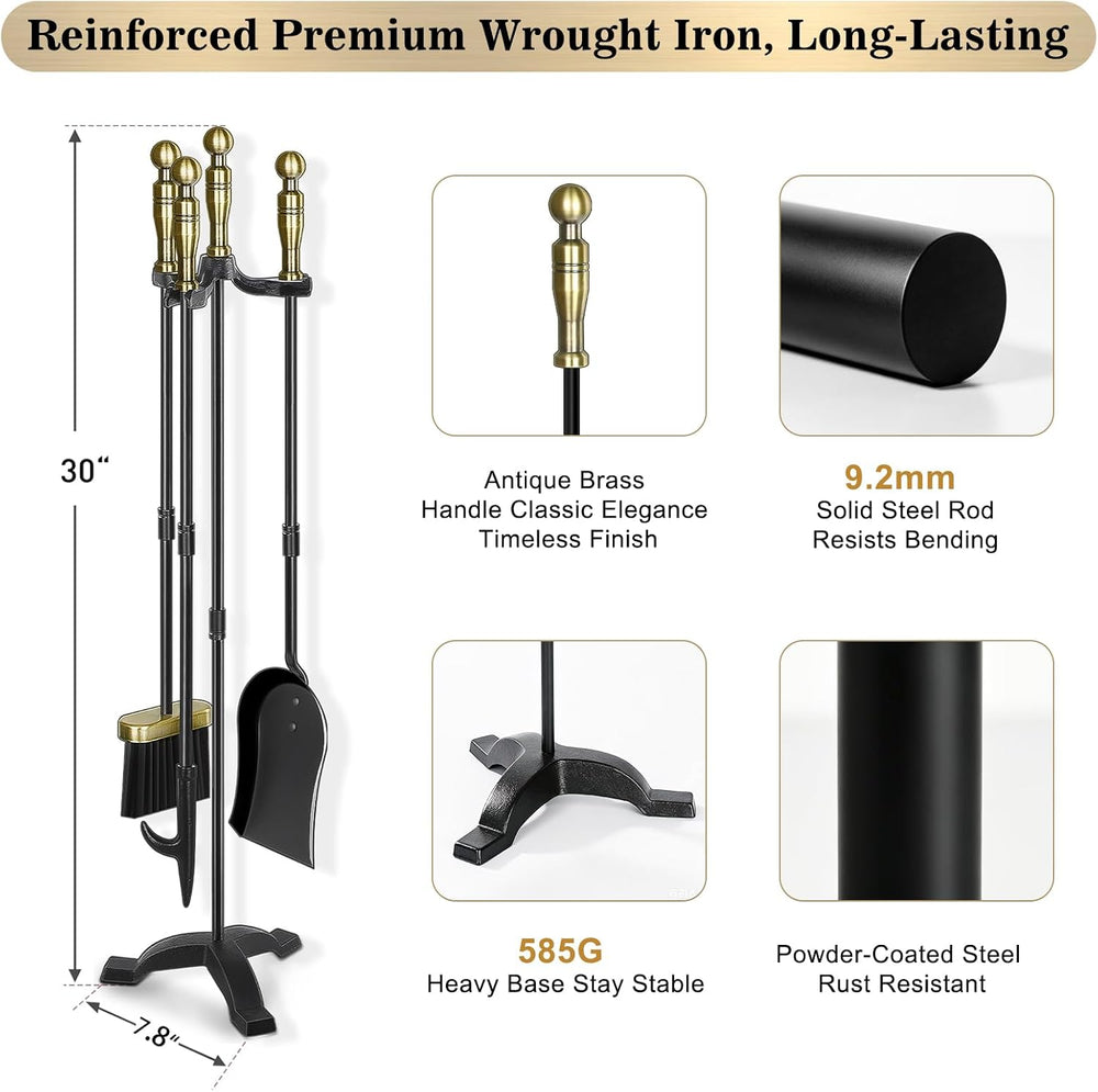 Gtongoko Antique Brass Fireplace Tools Set, 30 Inch Heavy-Duty Wrought Iron