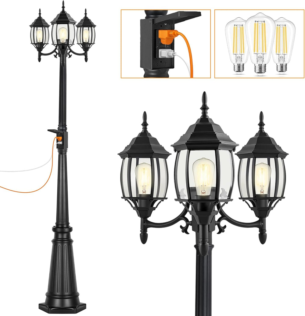 PARTPHONER Outdoor Lamp Post Light with GFCI Outlet, 3-Head Classic Black Lig...