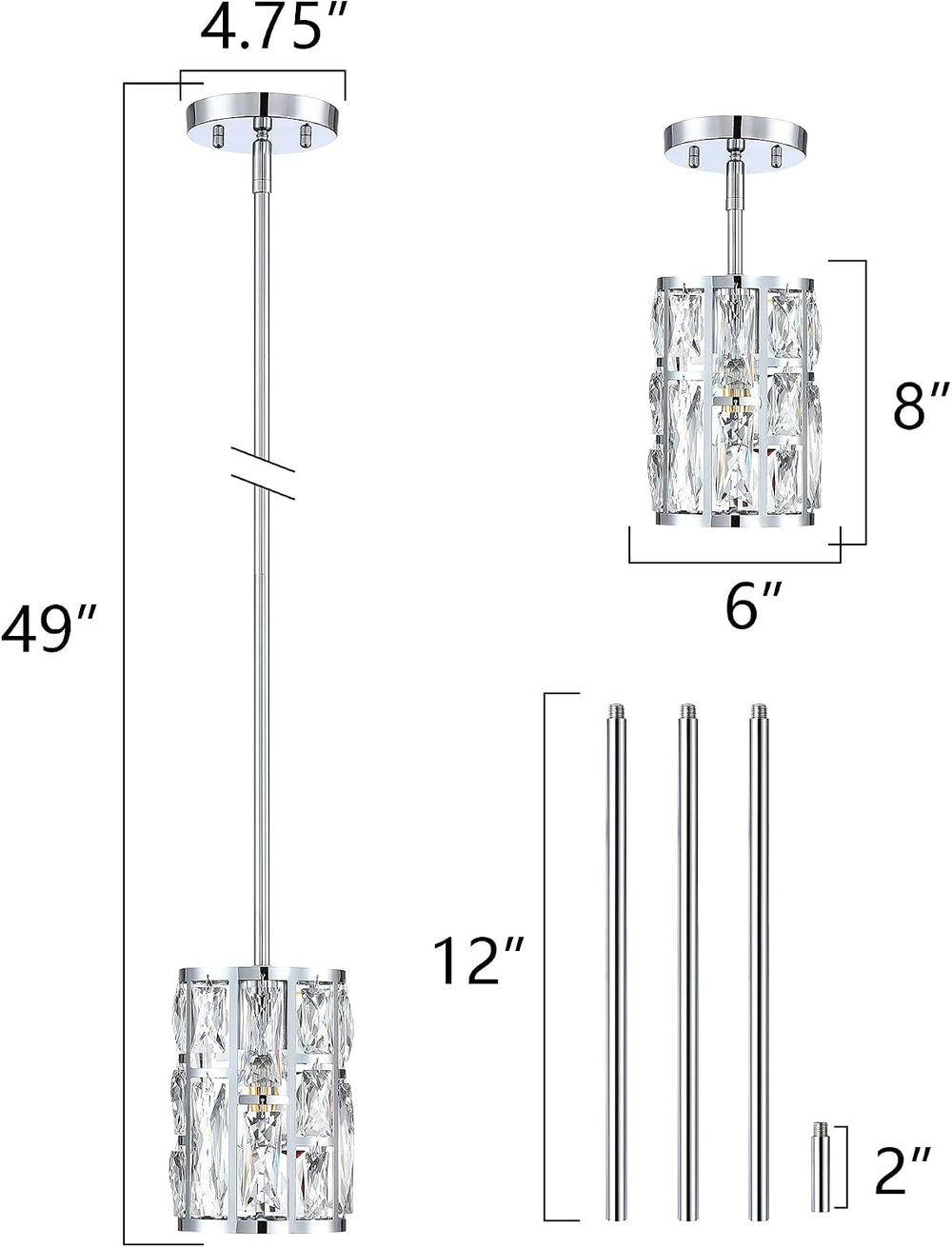 MEXO Modern Crystal Pendant Light Fixture 2-Pack Chrome Finish Hanging Lighti...