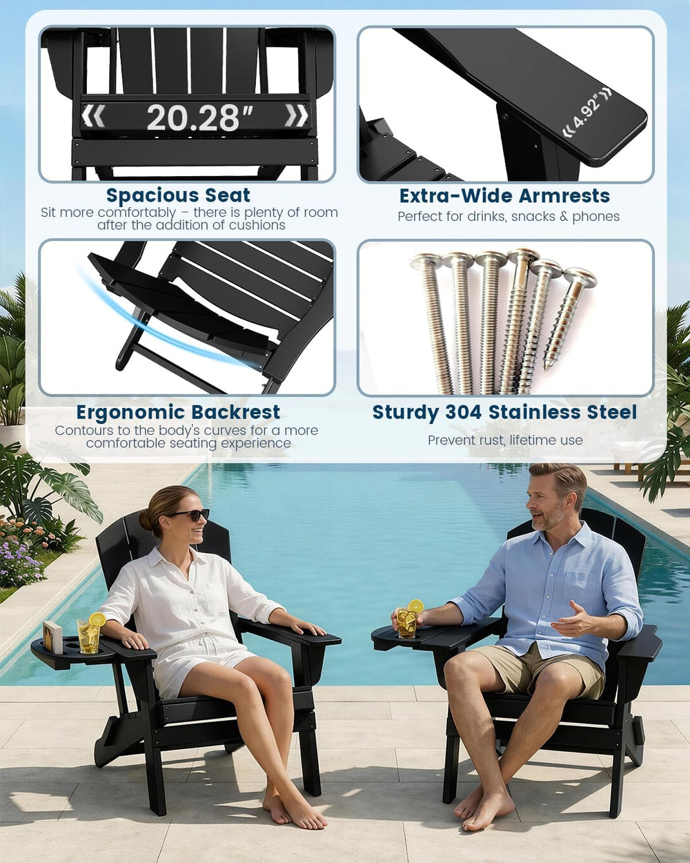 Folding Adirondack Chair Set of 2 with 4-in-1 Cup Holder,Fire Pit Chair