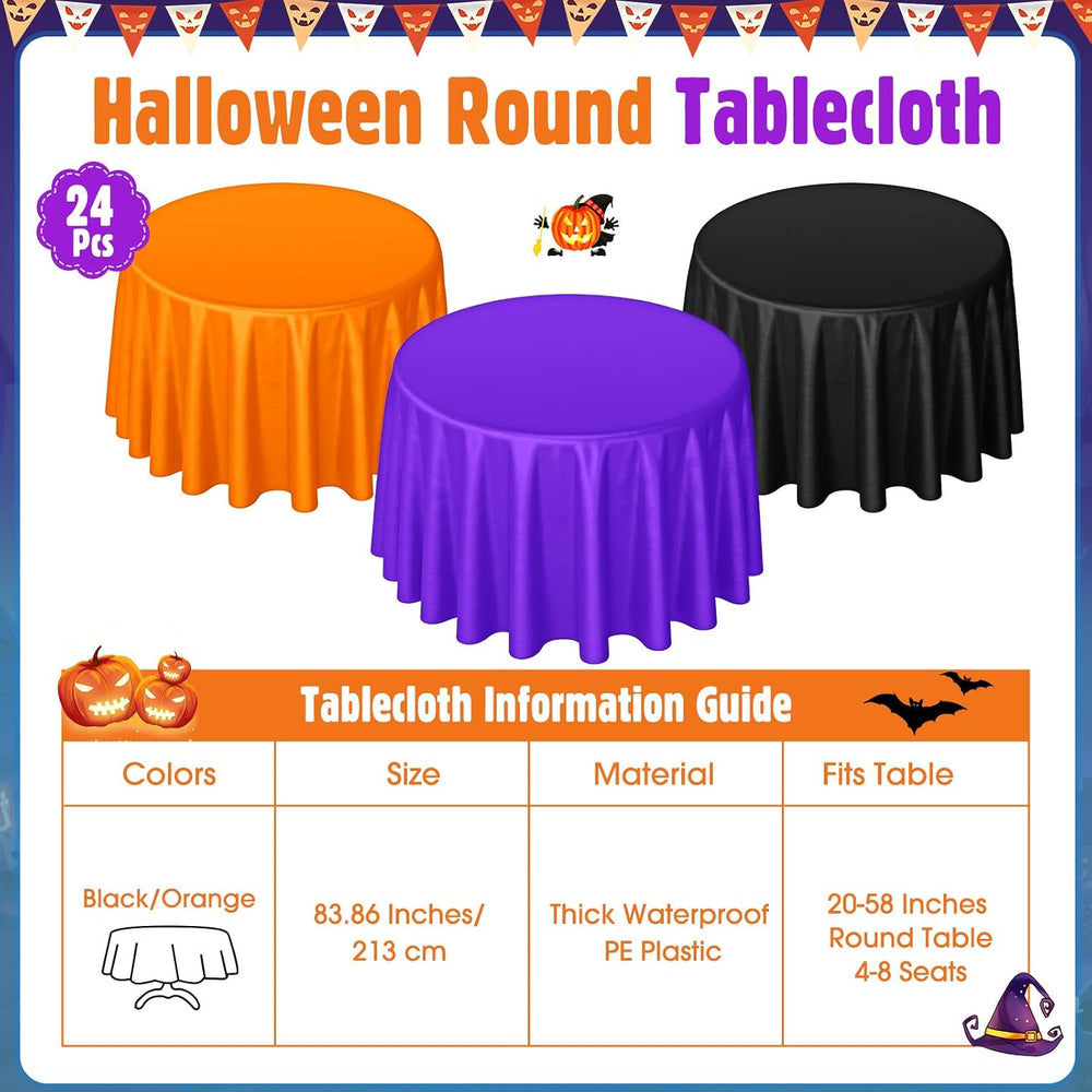 24 Pcs Halloween Round Plastic Tablecloths, 84 Inch Black, Purple, Orange