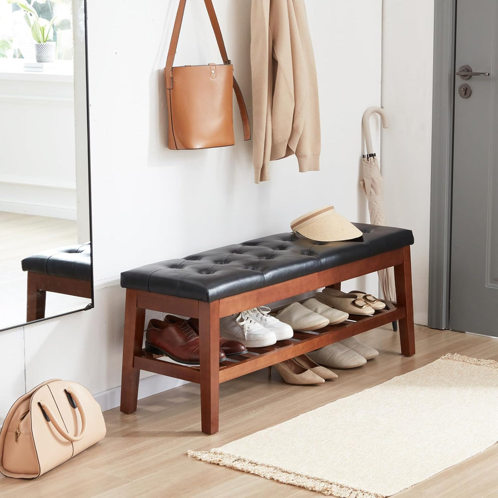 Shoe Bench Entryway Bench Upholstered Ottoman Faux Leather Black