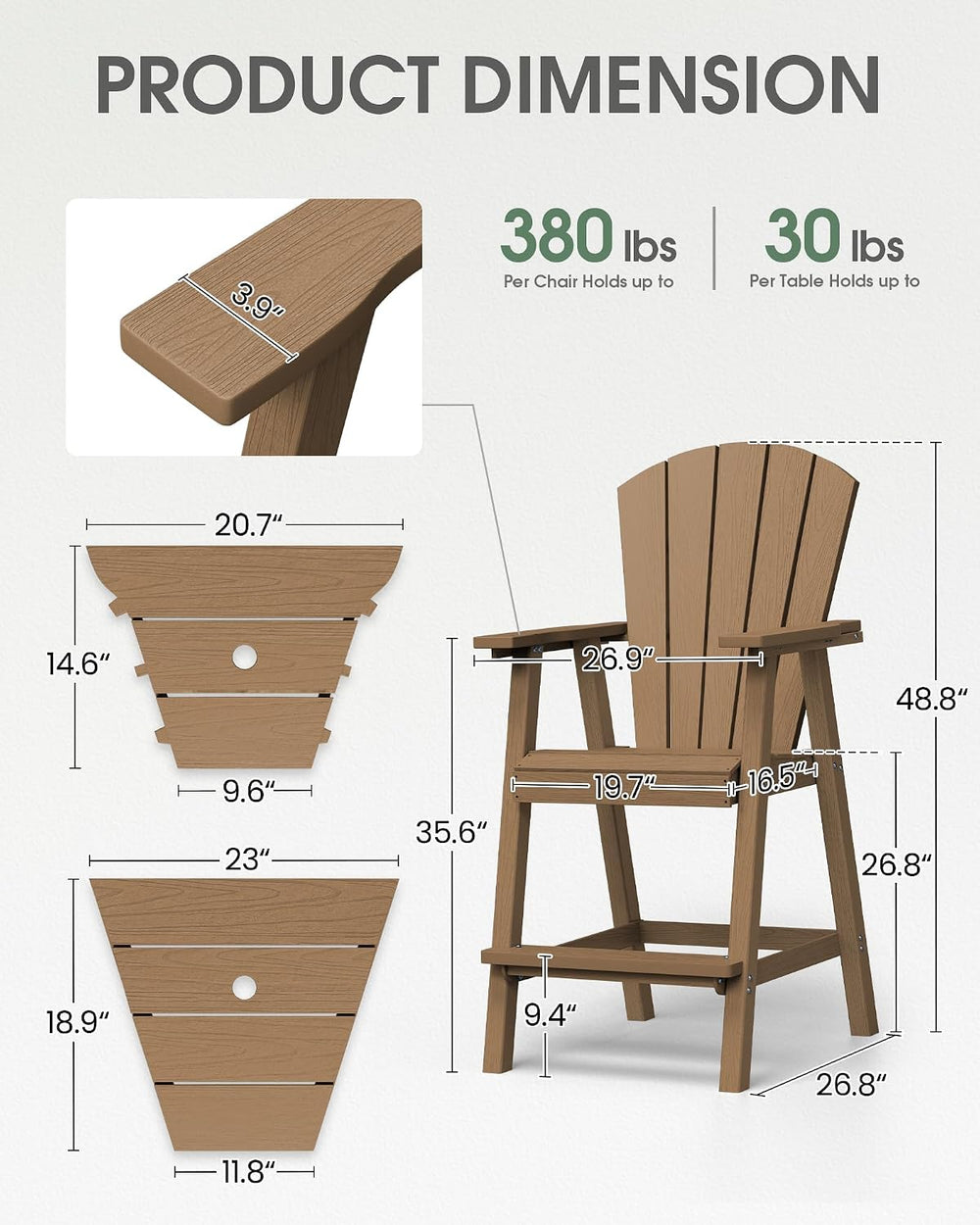 Tall Adirondack Chairs Set of 2 with Double Detachable Trays, Teak