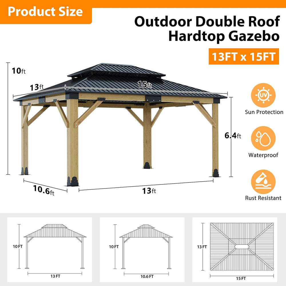13x15FT Wood Gazebo,Outdoor Wooden Gazebo with Glavanized Steel Double Roof, ...